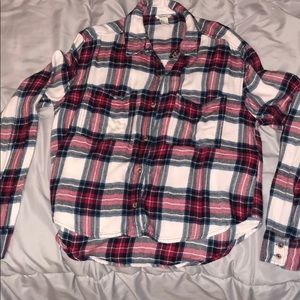 Red white and blue button up flannel.